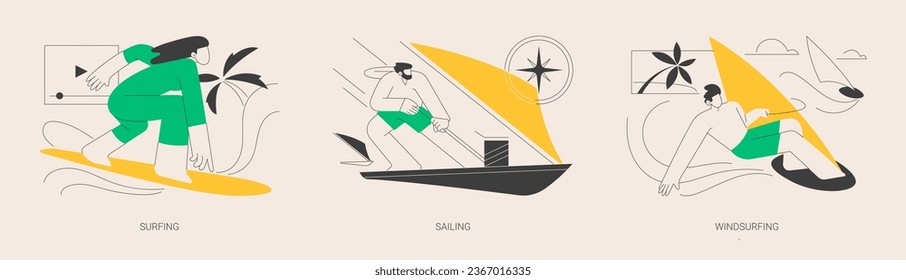 Juego de ilustraciones vectoriales abstractas de deportes de aventura de verano. Surf, vela y windsurf, club náutico, vacaciones en la playa, estilo de vida extremo, deportes acuáticos, metáfora abstracta de vacaciones de verano.