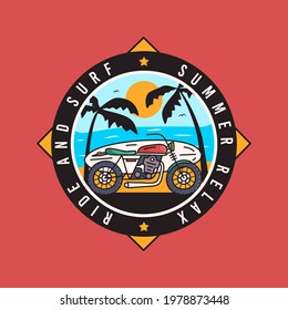 Summer adventure sticker badge design. Surfing motorcycle logo emblem.Ride and surf, summer relax quote. Stock vector graphics