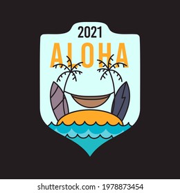 Summer adventure sticker badge design. Surf emblem with island in the sea scene and surfboards and quote - Aloha. Stock vector logo graphics