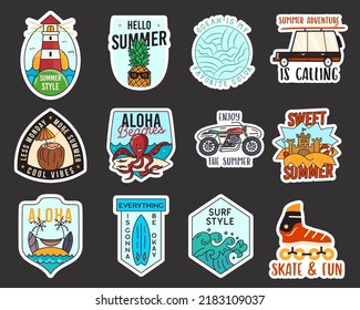 Summer adventure stickers design bundle. Travel emblems. Mountain outdoors labels collection. Stock vector explorer badges set