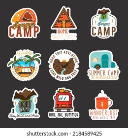 Summer adventure stickers design bundle. Travel hand drawn emblems. Mountain outdoors labels collection. Stock vector explorer badges set