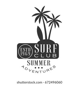Summer adventure surf club estd 1969 logo template, black and white vector Illustration