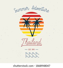 Summer Adventure and Thailand hand lettering with sunset and water waves icon. Travel concept with abstract watercolor splatters.
