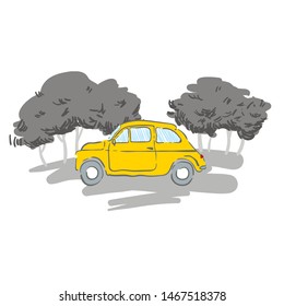 Summer Adventure. Traveling by car. Summer travel illustration with retro hand drawn car. Yellow car on a black and white background