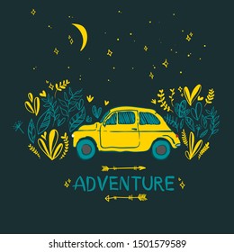 Summer Adventure. Traveling by car. Summer travel illustration with retro hand drawn car at night.