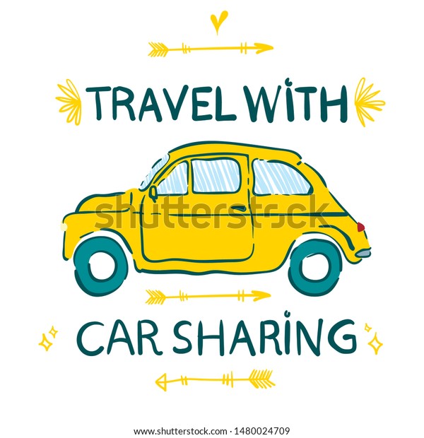 Summer Adventure. Traveling by car.\
Summer travel illustration with retro hand drawn\
car.