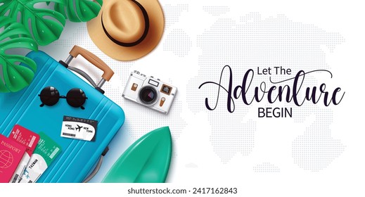 Summer adventure vector banner. Let the adventure begin text with travel bag luggage, passport, ticket and hat for summer vacation tour in map background. Vector illustration summer adventure banner 