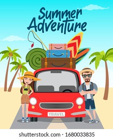 Summer adventure vector concept design. Summer adventure text with travel characters standing in car with beach element like surf board, fishing rod and luggage for vacation season.
