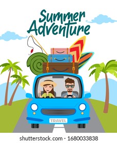 Summer adventure vector concept design. Summer adventure text with travel characters in car driving and beach element like fishing rod, surf board, and luggage travelling for summer vacation.