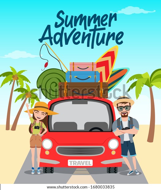 Summer\
adventure vector concept design. Summer adventure text with travel\
characters standing in car with beach element like surf board,\
fishing rod and luggage for vacation\
season.