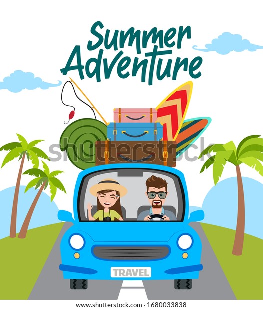 Summer\
adventure vector concept design. Summer adventure text with travel\
characters in car driving and beach element like fishing rod, surf\
board, and luggage travelling for summer\
vacation.