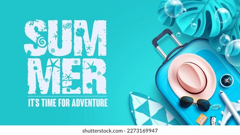 Summer adventure vector design. Summer time text with blue luggage and vacation elements in background. Vector illustration summer travel design.
