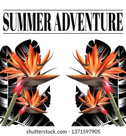 Summer adventure. Vector hand drawn placard with flowers and palm leaves isolated. Template for card, poster. banner, print for t-shirt, pin, badge, patch.