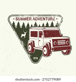 Summer adventure. Vector illustration Concept for shirt or logo, print, stamp or tee. Vintage typography design with off road car and forest silhouette. Camping quote. Outdoor Adventure.
