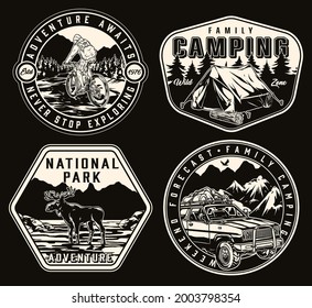 Summer adventure vintage badges with traveler riding bicycle tourist tent moose and travel car with camping equipment on roof isolated vector illustration