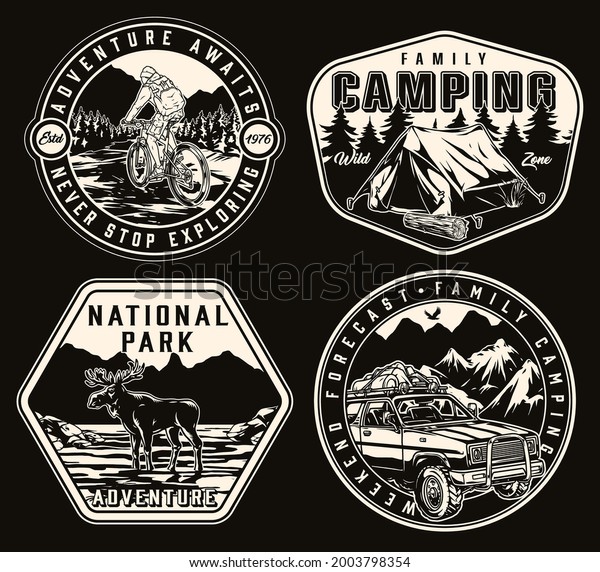 Summer adventure vintage badges with\
traveler riding bicycle tourist tent moose and travel car with\
camping equipment on roof isolated vector\
illustration