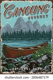Summer adventure vintage colorful poster with wooden canoe on lake on forest and mountains landscape vector illustration