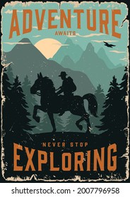 Summer adventure vintage colorful poster with man with backpack riding horse on forest and mountains landscape vector illustration