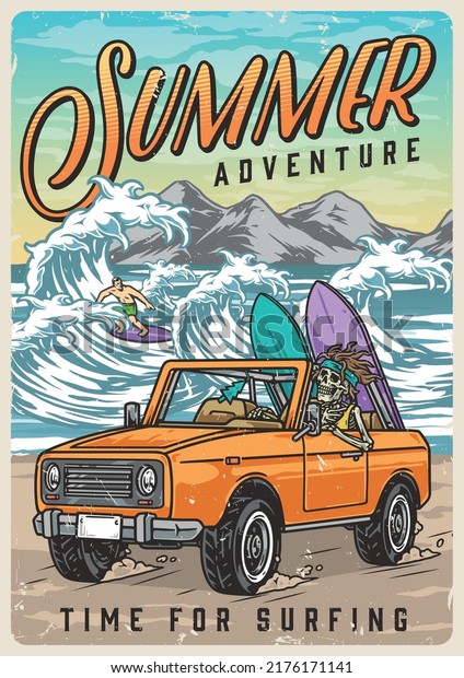 Summer adventure vintage poster colorful car\
on sea shore symbol beach vacation and surfboarding on sunny\
vacation vector\
illustration