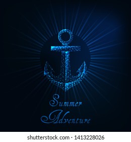 Summer adventure web banner template with glowing low polygonal anchor symbol, sun rays and text. Sailing concept. Futuristic wireframe design vector illustration. 