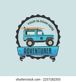 Summer adventurer badge design with surf car and surfboard. Sufing Travel logo graphics. Stock vector retro label isolated on blue background