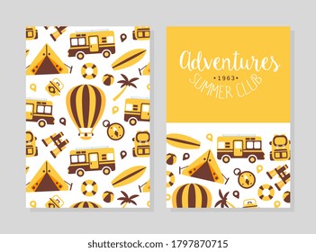 Summer Adventures Club Card Template, Flyer, Poster, Invitation with Travelling Symbols Pattern Vector Illustration