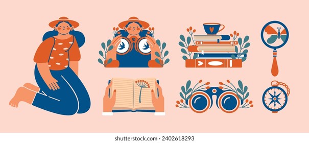 Summer Adventures. Collection of cute vector illustrations with cartoon person, woman, girl in hat with binoculars, books, compass, cup, plants, berries, leaves, magnifying glass. Summertime stickers.