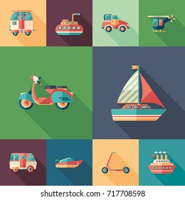 Summer adventures set of flat square icons with long shadows.