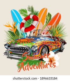 Summer Adventures typography for t-shirt print with surf,beach and retro car.Vintage poster.