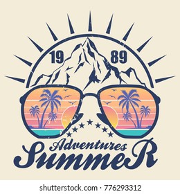 Summer Adventures - vector illustration in vintage graphic style for t-shirt and other print production. Palms, wave and sun creative logo badge. Summer vacation concept. Design elements.