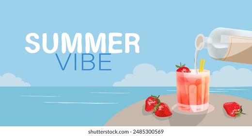 Summer advertising banner with strawberry cocktail. The inscription Summer Vibe on the background of the ocean.