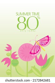 summer advertising with bright flying butterfly and geometric flowers