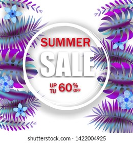 Summer advertising template promotional sale floral banner with trend holographic tropical plant leaves background, exotic design. Vector discount banner. Summer time art design, travel, banner