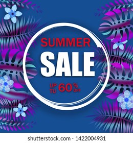 Summer advertising template promotional sale floral banner with trend holographic tropical plant leaves background, exotic design. Vector discount banner. Summer time art design, travel, banner