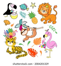 Summer African animals collection. Leopard, lion, toucan, flamingo and tropical leaves. Vector illustration