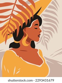 Summer African woman on retro tropical leaves background paint hand drawn contemporary art poster vector flat illustration. Fashion black skin tanned female elegant yellow dress and hat portrait