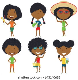 Summer African-American female characters vector illustration. Girls standing with refreshing drink and coctail, ball, beach bag, make a selfie. Vector flat style teens isolated in white background. 