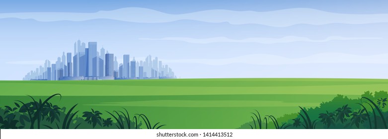 Summer agricultural fields with big modern city on horizon. Cityscape panorama, vector illustration.