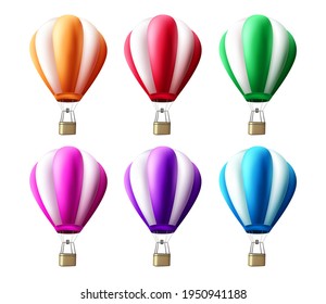 Summer air balloons vector set. Hot air balloon 3d design isolated in white background for outdoor and adventure activity. Vector illustration.