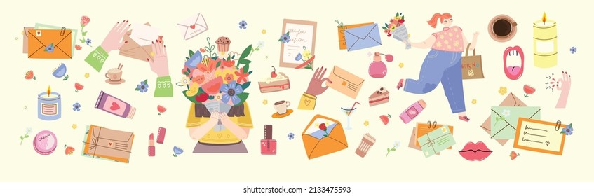 Summer is in the air. Cute girl holding a bouquet of flowers. Vector stock illustration. Design for the holiday of spring, birthday, diary.