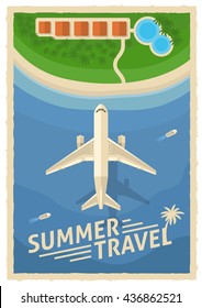 Summer air travel retro poster with airplane over sea in center on natural landscape background vector illustration  