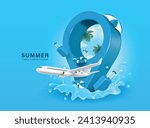 Summer airplane travel destination pinned down at sea with sky view, coconut trees and soft sunlight with luggage or baggage, lifebuoy, passport, vector 3d for summer travel concept design
