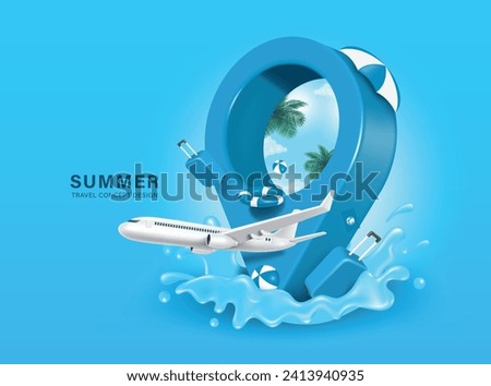 Summer airplane travel destination pinned down at sea with sky view, coconut trees and soft sunlight with luggage or baggage, lifebuoy, passport, vector 3d for summer travel concept design