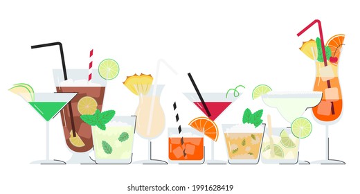 Cóctel de alcohol de verano con espacio fotográfico aislado en blanco. Banner horizontal con diez refrescantes bebidas populares para el menú del bar. Vacaciones, vacaciones y fiestas en la playa. Ilustración de línea plana del vector