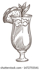 Summer alcohol drink pina colada cocktail isolated sketch vector pineapple slice and juice rum and coconut milk mixing ingredients served, in glass monochrome drawing beach bar service fruit beverage