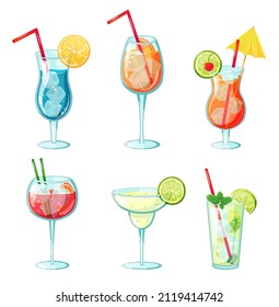 Summer alcohol drinks. Tropical cocktails in glass with citrus slices, mint leaves, ice cubes and straws. Exotic fresh beverage with lime and lemon. Margarita, mojito, sangria and blue lagoon