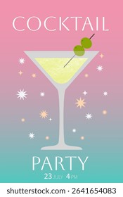 Summer alcoholic cocktail martini with olives. Vector illustration for menu, bars, party design.