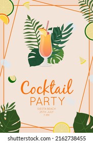 Bebida alcohólica de verano, cóctel tropical. El amanecer de Tequila. El concepto de fiesta en la playa. Hermosa tarjeta de saludo, invitación para la fiesta de verano. Ilustración vectorial plana.