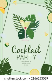 Summer alcoholic drink, tropical cocktail. Kamikaze. Beach party concept. Beautiful greeting card, invitation for summer party. Flat vector illustration.