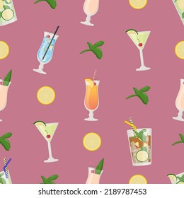 Summer alcoholic drinks seamless pattern, tropical cocktails. Flat vector illustration